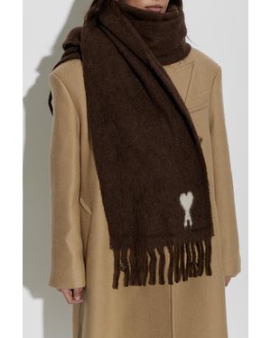 Ami Paris Wool Scarf With Logo - Brown