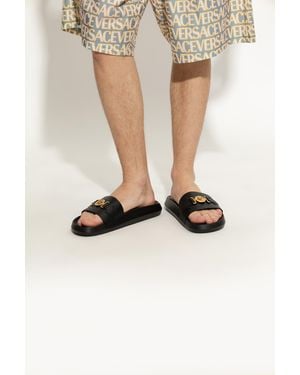 Versace Black Leather Slides - White