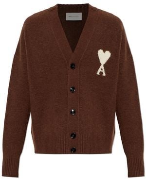 Ami Paris Wool Cardigan With Logo - Brown