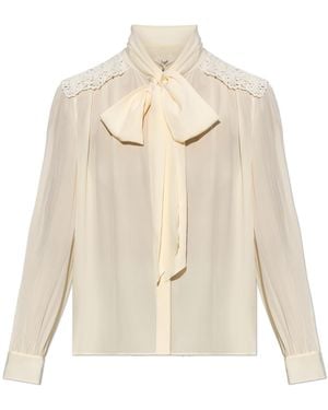 Chloé Silk Shirt With Lace Insert On The Shoulders - Natural