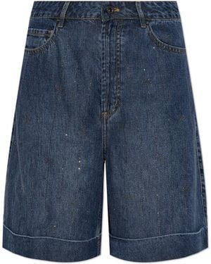Self-Portrait Denim Shorts With Shimmering Sequins - Blue