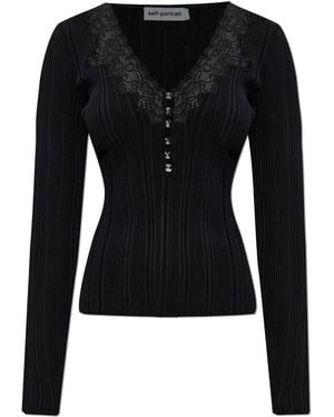Self-Portrait Ribbed Top With Shiny Buttons - Black