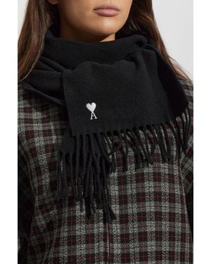 Ami Paris Wool Scarf With Logo - Black