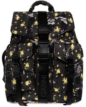 Ganni Backpack With Floral Motif - Black