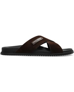 Dolce & Gabbana Suede Slides With Logo Patch - Black