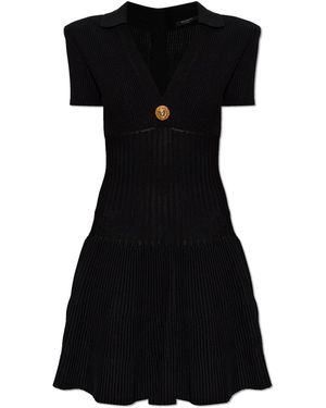 Balmain Ribbed Dress With Shoulder Pads - Black