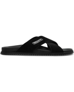 Dolce & Gabbana Suede Slides With Logo Patch - Black