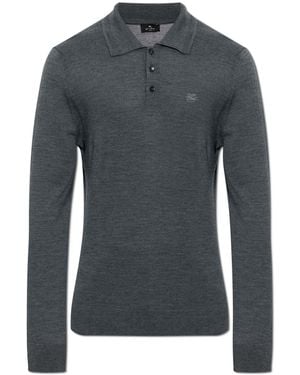 Etro Wool Polo Shirt With Embroidered Logo - Grey
