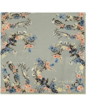 McQueen Silk Scarf With Floral Motif - Blue