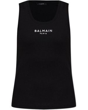 Balmain Ribbed Top With Embroidered Logo - Black