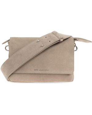 Ami Paris Leather Shoulder Bag With Logo - Grey