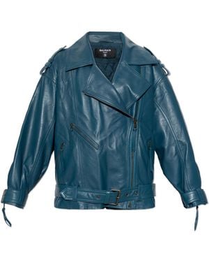 Balmain Leather Jacket With Belt - Blue