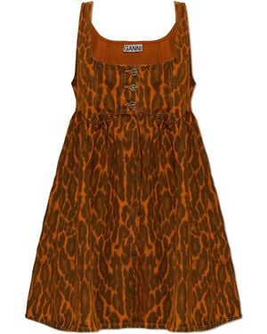 Ganni Animal Print Denim Dress - Brown