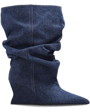 Balmain Denim Wedge Ankle Boots - Blue