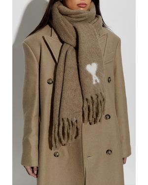 Ami Paris Wool Scarf With Logo - Brown