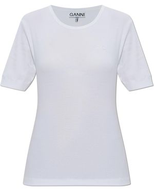 Ganni Ribbed T-Shirt With Logo - White