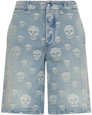 McQueen Denim Shorts With Monogram - Blue
