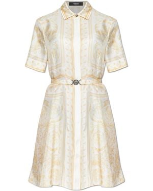Versace Silk Dress With A Belt - Natural