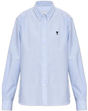Ami Paris Cotton Shirt With Embroidered Logo - Blue