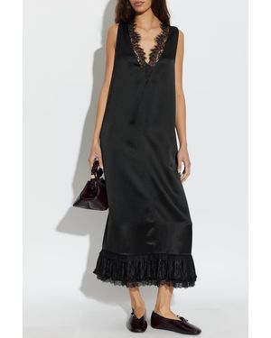 Ganni Satin Dress With Lace Inserts - Black