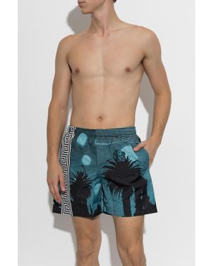 Versace Swim Shorts With "Boardshorts" Print - Blue