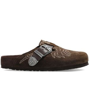 Etro X Birkenstock Embroidered Suede Mules - Brown