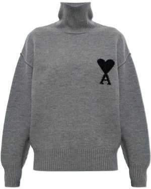 Ami Paris Wool Turtleneck With Logo - Grey