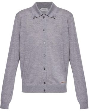 Versace Wool Cardigan With Embroidered Logo - Grey