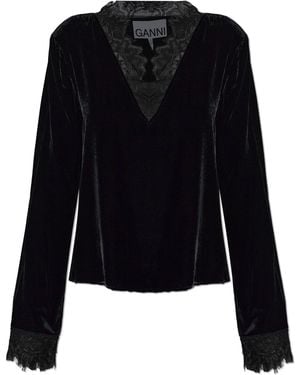 Ganni Velvet Top With Lace Detailing - Black