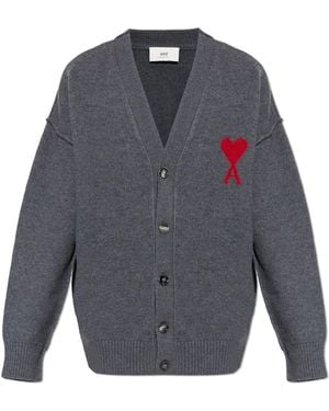 Ami Paris Wool Cardigan With Logo - Grey