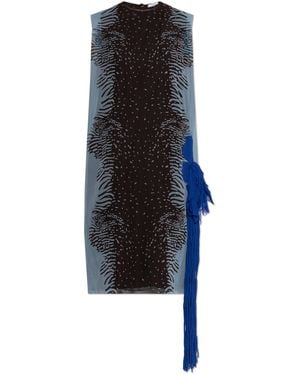 Ferragamo Silk Dress With Decorative Fringes - Blue