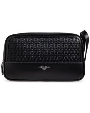 Dolce & Gabbana Leather Toiletry Bag With Logo - Black