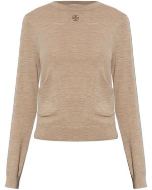 Tory Burch Wool Jumper With Logo - Natural