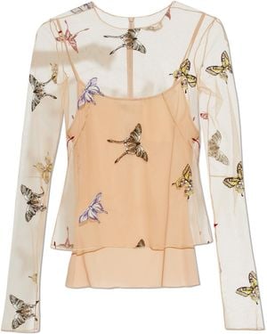Blumarine Tulle Top With Butterfly Motif - Natural