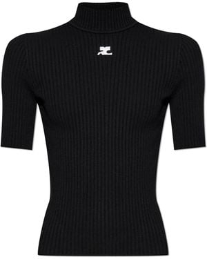 Courreges Ribbed Top With Stand-Up Collar - Black