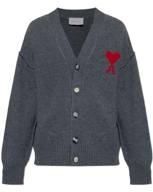Ami Paris Wool Cardigan With Logo - Grey