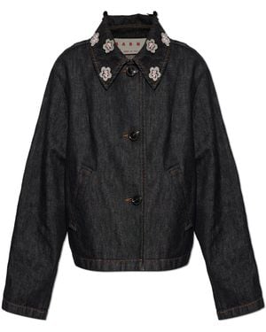Marni Denim Jacket With Floral Appliqué - Black