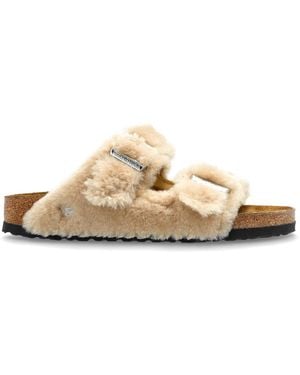Birkenstock Arizona Shearling Rivet Logo Slides - White