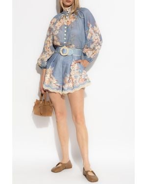 Zimmermann Linen Shorts With Floral Motif, - Blue