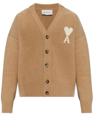 Ami Paris Cardigan With Logo - Natural