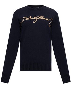 Dolce & Gabbana Wool Jumper With Embroidered Logo - Blue