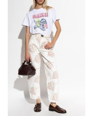 Ganni Jeans With Floral Motif - White