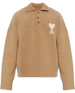 Ami Paris Oversized Polo With Logo - Natural