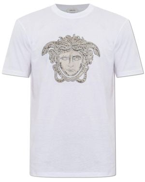 Versace Cotton T-Shirt With Shimmering Crystals - White