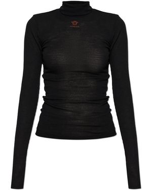 Versace Wool Turtleneck With Embroidered Logo - Black