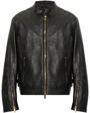 Versace Leather Jacket With Stand-Up Collar - Black