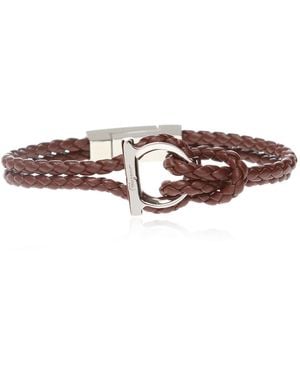 Ferragamo Woven Leather Bracelet W/ Gancini Fastener - Brown