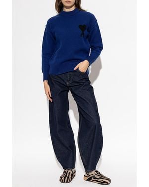Ami Paris Wool Sweater With Logo - Blue