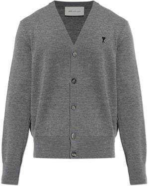 Ami Paris Wool Cardigan With Embroidered Logo - Grey
