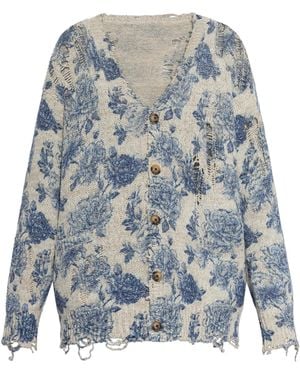 R13 Linen Cardigan With Floral Motif - Blue